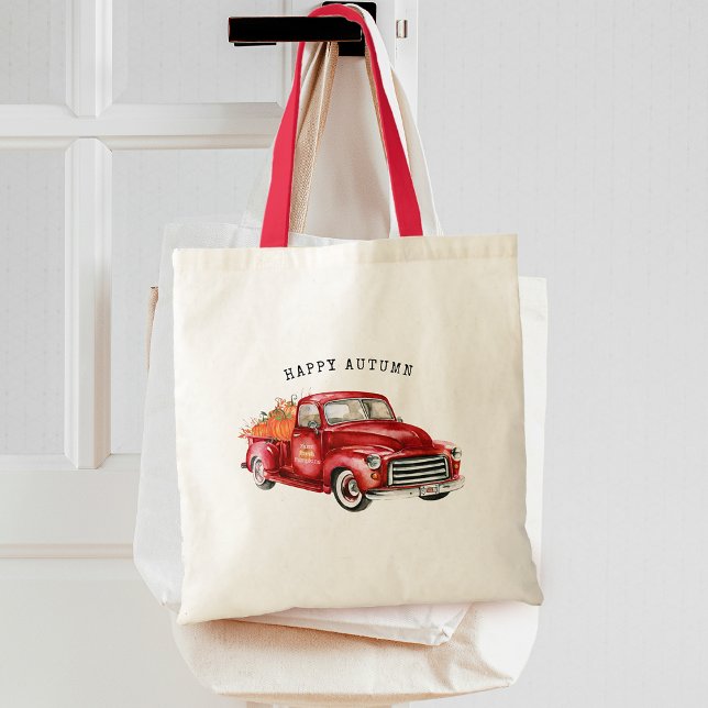 Happy Autumn Red Truck Pumpkins Tragetasche (Happy Autumn Red Truck Pumpkins Tote Bag)