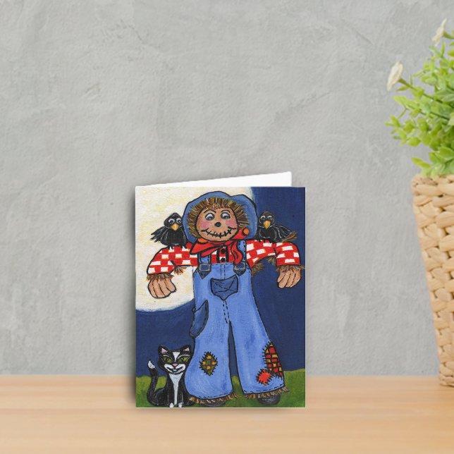 Happy Autumn Scarecrow Card Karte (Cute scarecrow with cat and black crows under full moon on notecards.)
