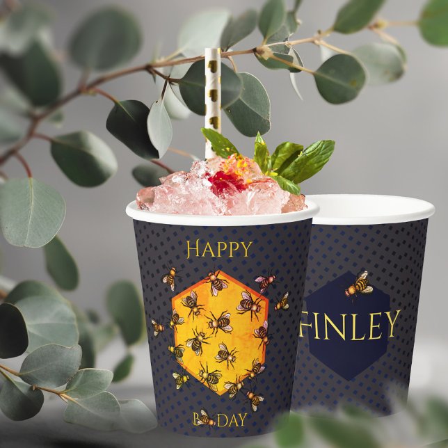 Happy B Day Honey Bees Black Yellow Funny Geburtst Pappbecher (Von Creator hochgeladen)