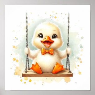 Happy Baby Duck on Swing Watercolor Kinderzimmer Poster