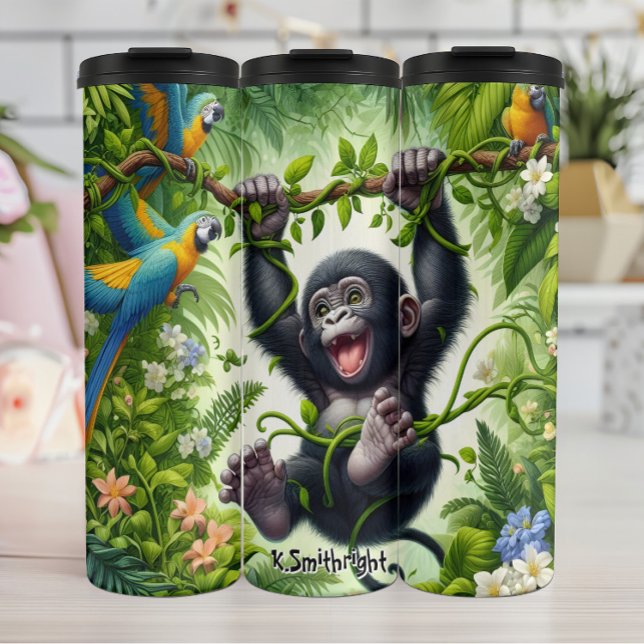Happy Baby Gorilla schwingt im Dschungel Thermosbecher (Von Creator hochgeladen)