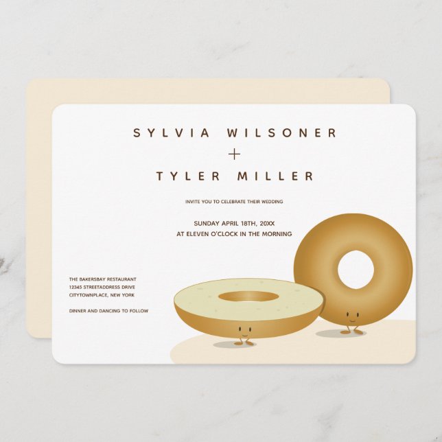 Happy Bagels Wedding White Cream Brown Einladung (Vorne/Hinten)