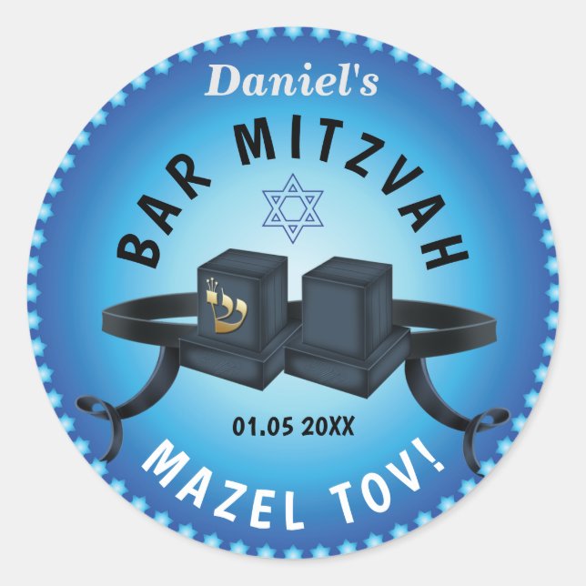 Happy Bar Mitzvah 20XX Blue Decorative Runder Aufkleber (Vorderseite)