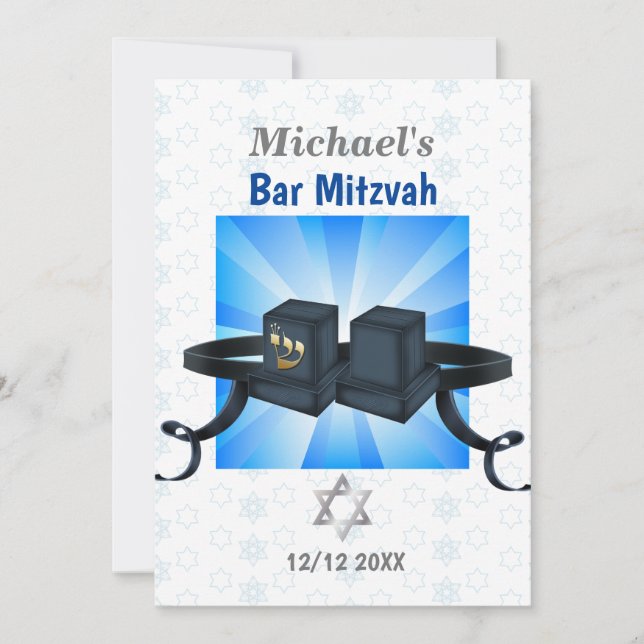 Happy Bar Mitzvah 20XX Tefillin Blue Einladung (Vorderseite)