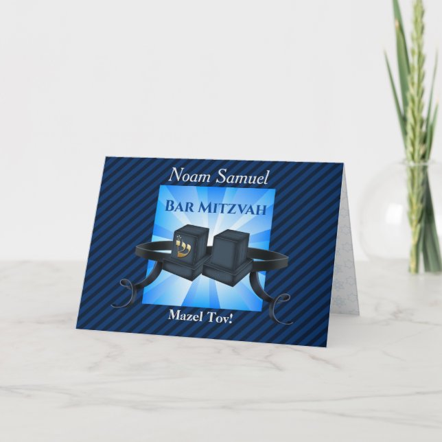Happy Bar Mitzvah 20XX Tefillin Blue Einladung (Vorderseite)