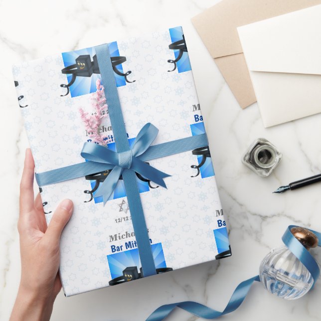 Happy Bar Mitzvah 20XX Tefillin Blue Star Geschenkpapier (Schenken)