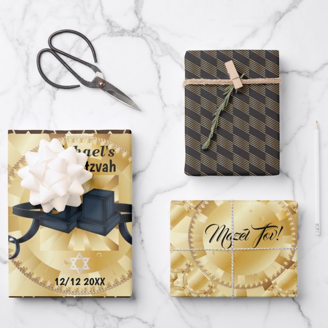 Happy Bar Mitzvah 20XX Tefillin Moderne personalis Geschenkpapier Set (Vorderseite)