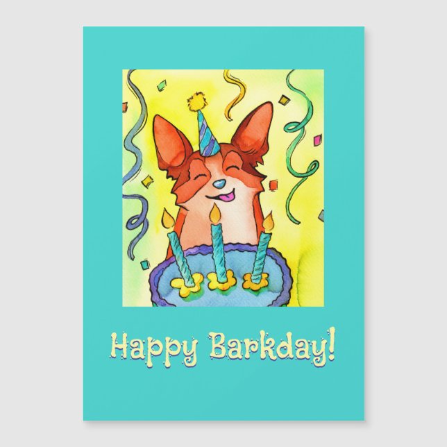 Happy Barkday! Corgi Birthday Card Magnetkarte (Vorderseite)
