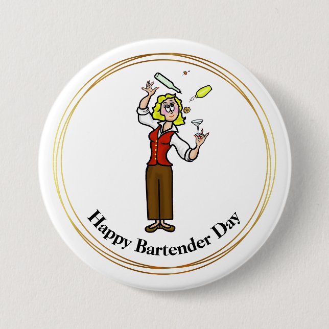 Happy Barkeeper Day Button - Cartoon Weiblich (Vorderseite)