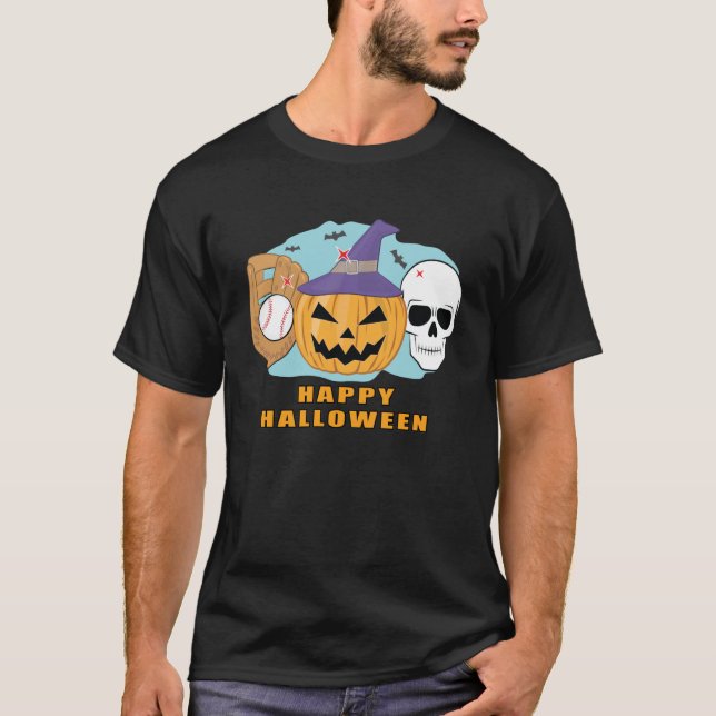 Happy Baseball Halloween - Spooky Skull 'n Pumpkin T-Shirt (Vorderseite)
