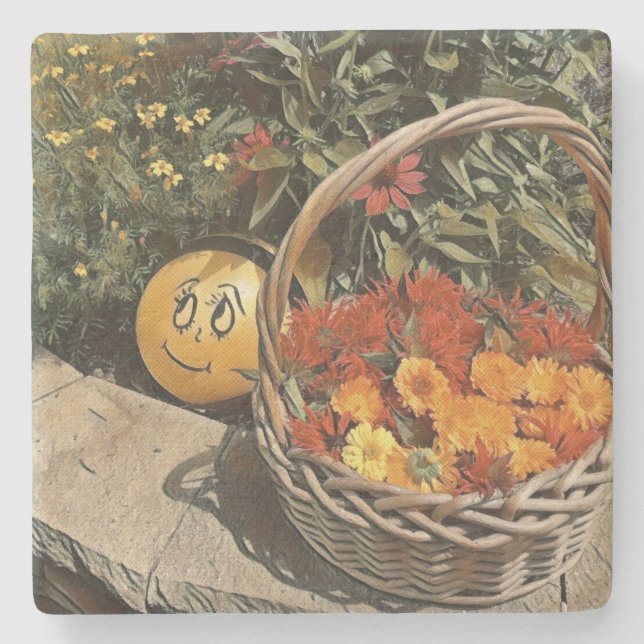 Happy Basket der Blume Steinuntersetzer (Vorderseite)