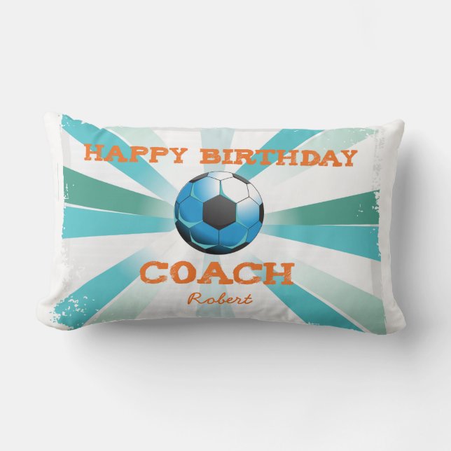 Happy Bday Soccer Coach Orange/Aquamarin/Blue Ster Lendenkissen (Vorderseite)