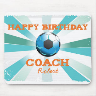 Happy Bday Soccer Coach Orange/Aquamarin/Blue Ster Mousepad