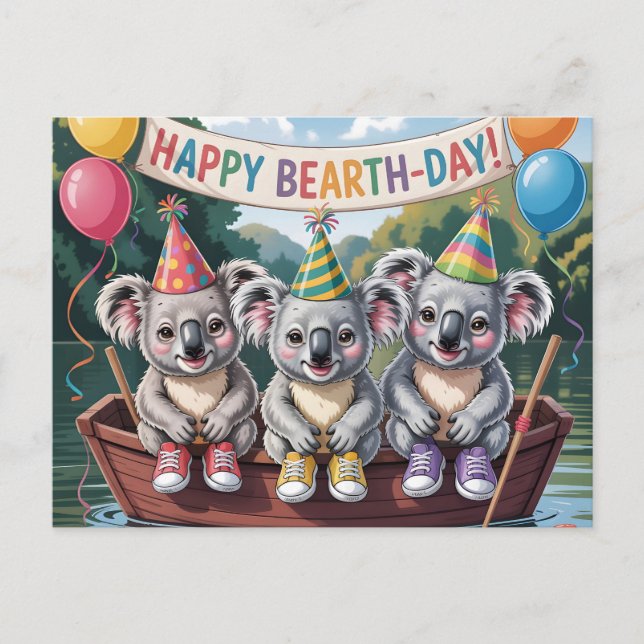 "Happy Bearth-Day" Koala Boat Party Illustration Postkarte (Vorderseite)