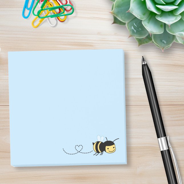Happy Bee Buzzing Around on Blue Post-it Klebezettel (Von Creator hochgeladen)