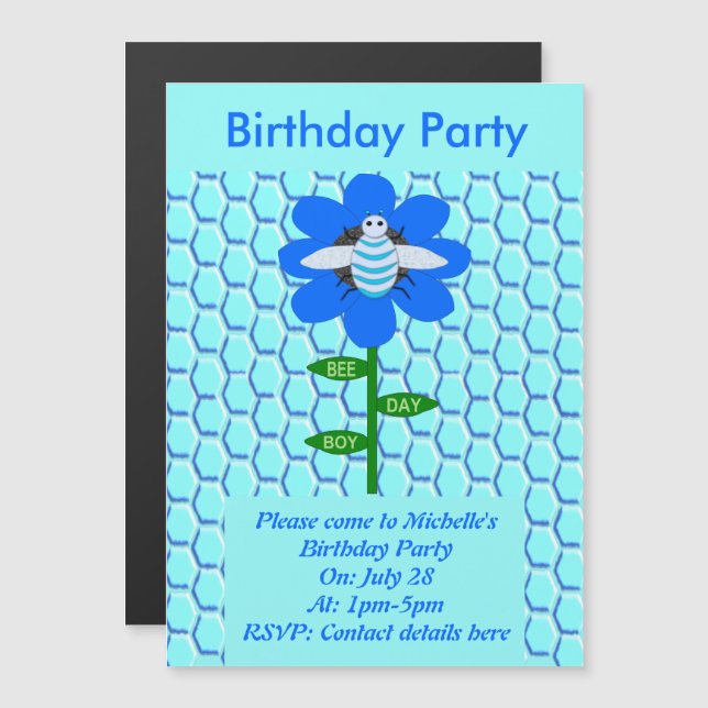 Happy Bee Day Boy Blue Birthday Bumblebee Party Magneteinladung (Vorne/Hinten)