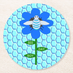 Happy Bee Day Boy Blue Birthday Bumblebee Runder Pappuntersetzer