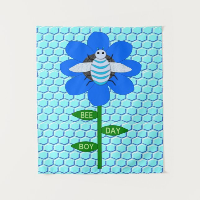 Happy Bee Day Boy Blue Birthday Bumblebee Wandteppich (Vorderseite)
