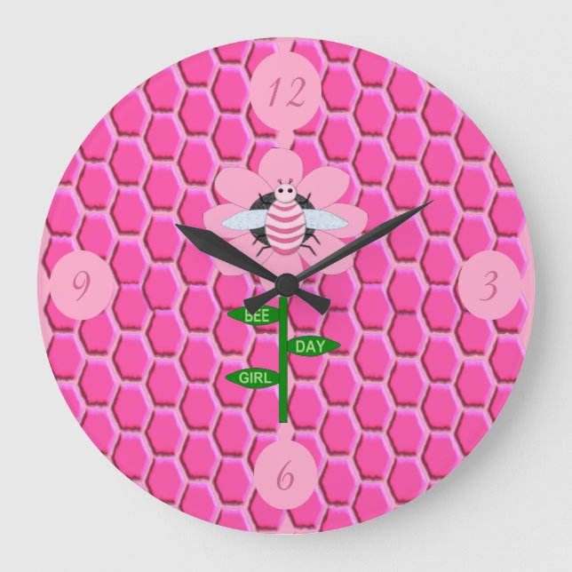 Happy Bee Day Girl Pink Birthday Hummel Große Wanduhr (Vorderseite)