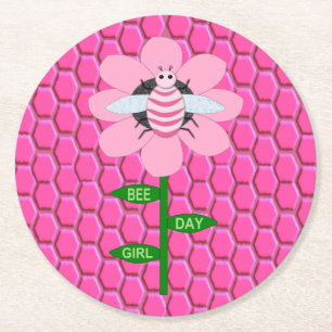 Happy Bee Day Girl Pink Birthday Hummel Runder Pappuntersetzer