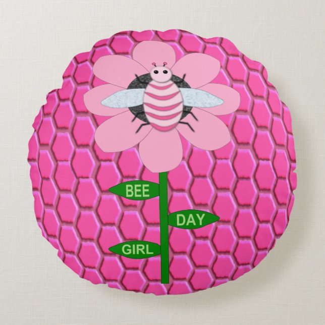 Happy Bee Day Girl Pink Birthday Hummel Rundes Kissen (Vorderseite)