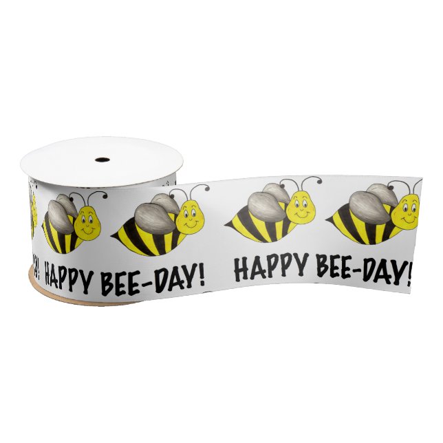 Happy BEE DAY Yellow Bee Bumblebee Birthday Ribbon Satinband (Spule)