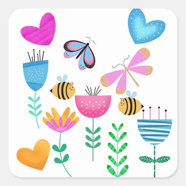 Happy Bee Garden Quadratischer Aufkleber (Vorderseite)