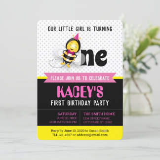 Happy Bee Girl 1. Geburtstag Einladung mit Bild