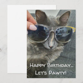 "Happy Birday Let's pawty" lustiges graues Foto Mitteilungskarte