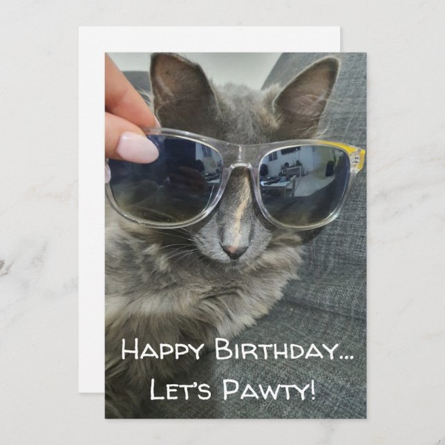 "Happy Birday Let's pawty" lustiges graues Foto Mitteilungskarte (Vorne/Hinten)