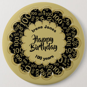 Happy Birthday, 100. Gold/Black Number Pattern Button