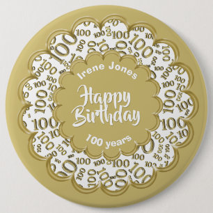 Happy Birthday, 100. Gold/White Number Pattern Button