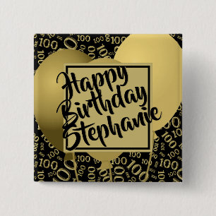 Happy Birthday - 100th Number Pattern Black/Gold Button