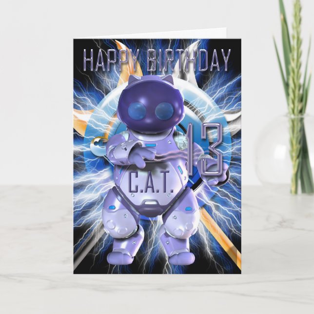 Happy Birthday 13th, Robot Cat, Techno Modern Karte (Vorderseite)