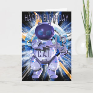Happy Birthday 13th, Robot Cat, Techno Modern Karte
