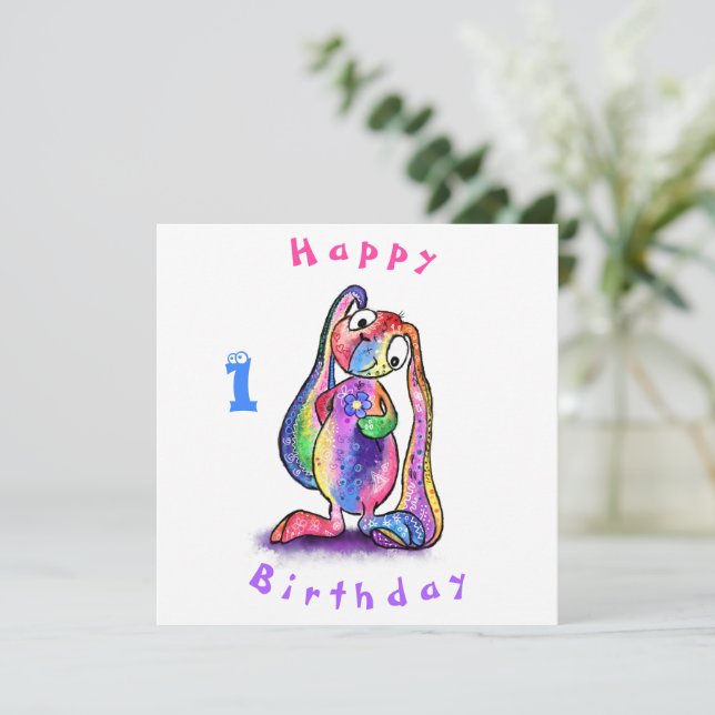 Happy Birthday 1 Card Farbenfroh Bunny mit Blume (Stehend Vorderseite)