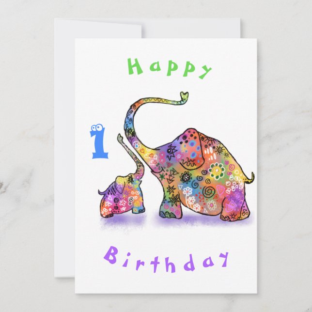 Happy Birthday 1 - Happy Mother and Baby Elephant (Vorderseite)