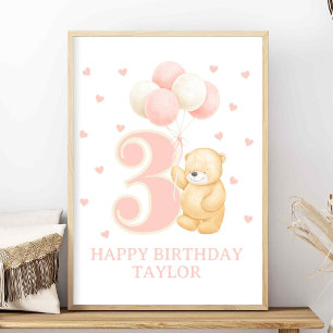 Happy Birthday 3 Jahre alt Girl Pink Balloon Brauc Poster