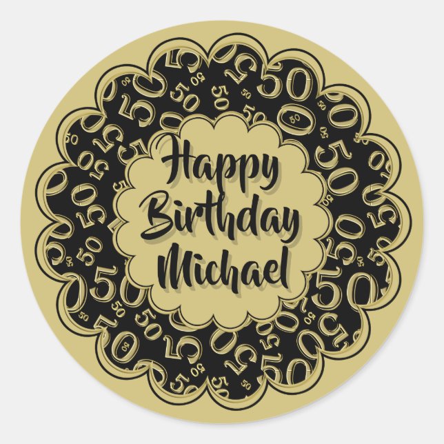 Happy Birthday 50. Cool Number Pattern Gold/Schwar Runder Aufkleber (Vorderseite)