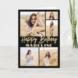 Happy Birthday 5 Foto Collage Modernes Black & Gol Karte