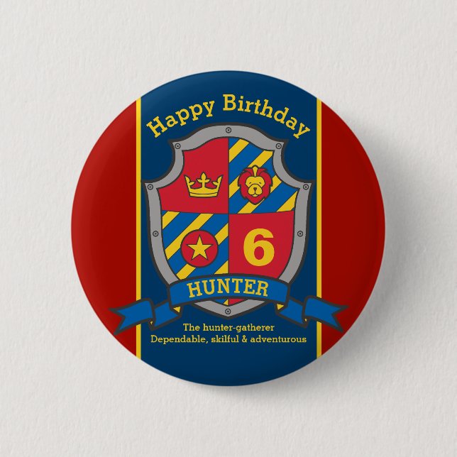Happy Birthday 6. Rot blaue Ritter Schild Age Butt Button (Vorderseite)