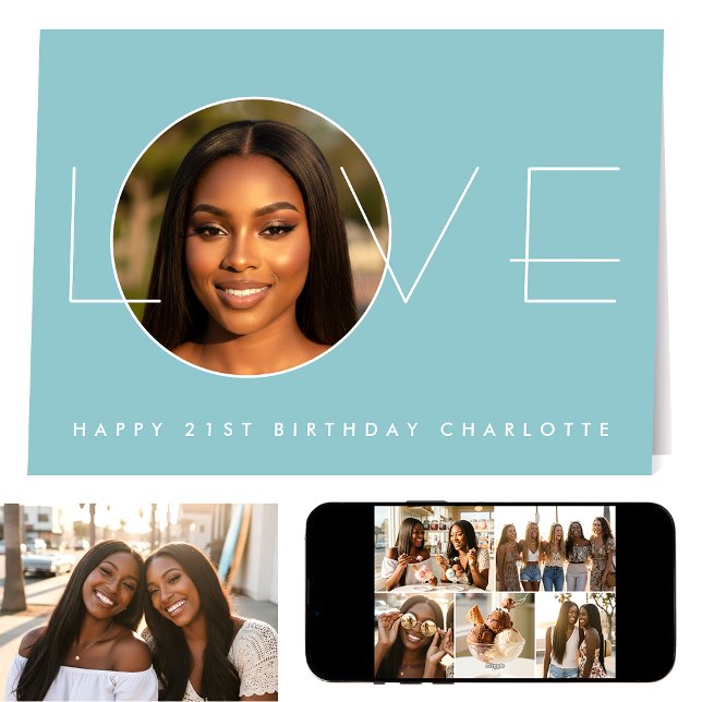 Happy Birthday 7 Photo Collage Love Elegant Blue Karte (Von Creator hochgeladen)