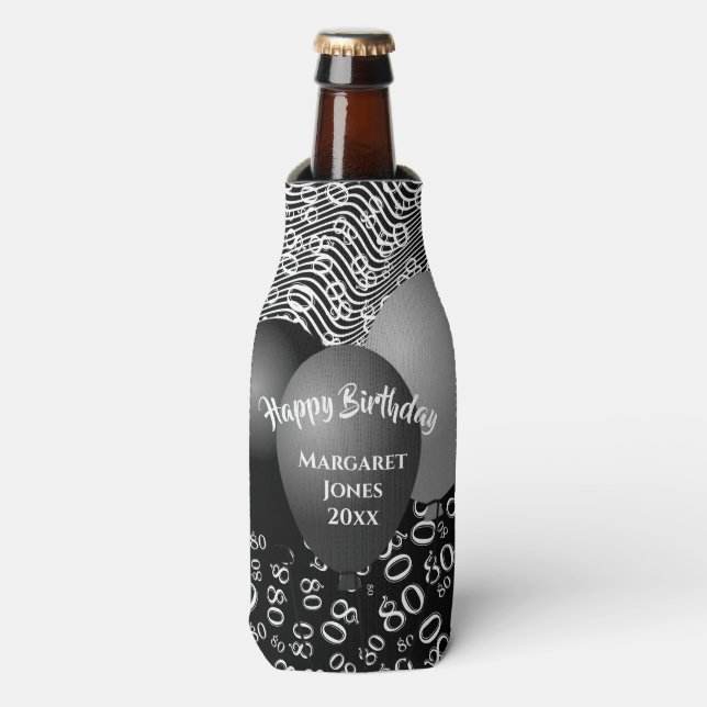 Happy Birthday 80. Number Pattern Schwarz und Weiß Flaschenkühler (Flaschenvorderseite)
