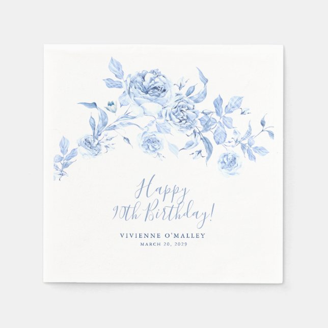 Happy Birthday 90. Blue Rose Floral Custom Serviette (Vorderseite)