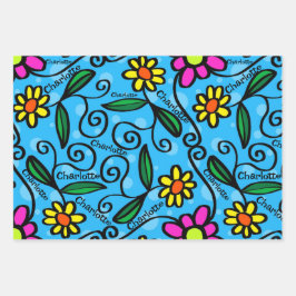 Happy Birthday Add Name Pink & Gelbe Blumen 3 Geschenkpapier Set