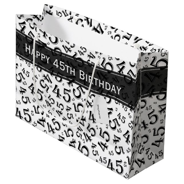 Happy Birthday Age 45 Number Pattern Schwarz/Weiß Große Geschenktüte (Vorderseite Schrägansicht)