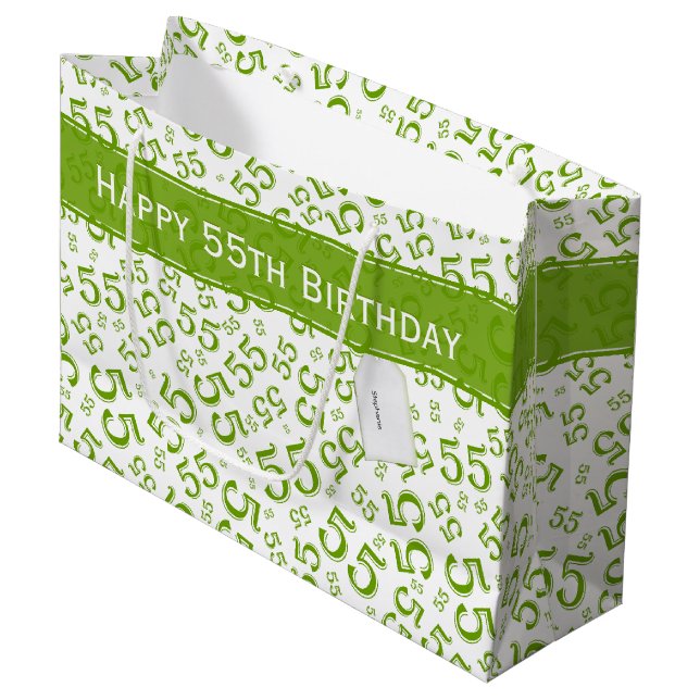 Happy Birthday Age 55 Number Pattern Green/White Große Geschenktüte (Vorderseite Schrägansicht)