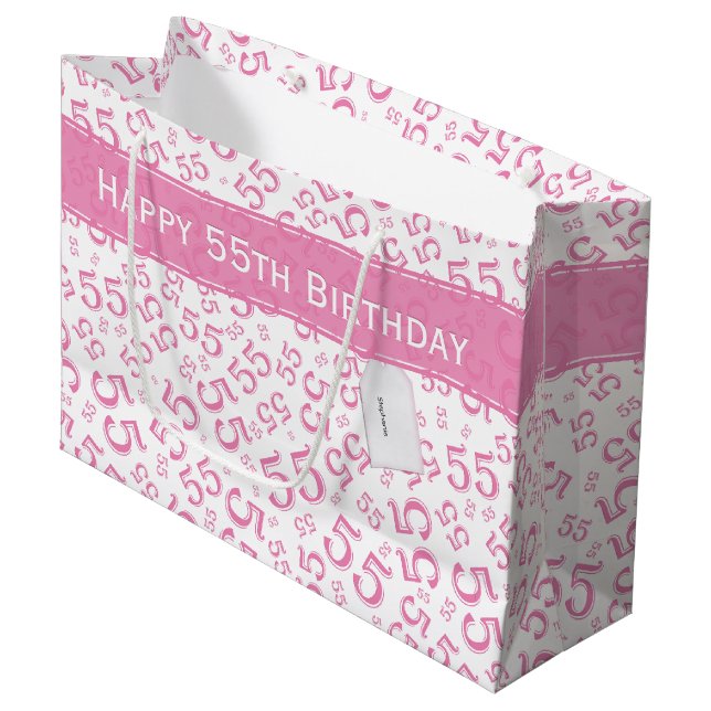 Happy Birthday Age 55 Number Pattern Pink/White Große Geschenktüte (Vorderseite Schrägansicht)