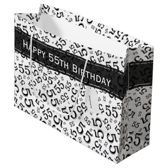 Happy Birthday Age 55 Number Pattern Schwarz/Weiß Große Geschenktüte (Vorderseite Schrägansicht)