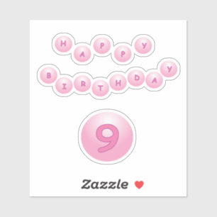 Happy Birthday Age 9 Pink Bouncy Balls Sticker